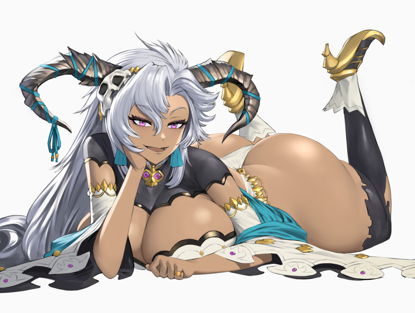 1girl, breasts, cleavage, curvy, dark-skinned_female, dark_skin, detached_sleeves, dragon_horns, draph, dress, fangs, fediel_(granblue_fantasy), full_body, granblue_fantasy, hair_between_eyes, high_heels, highres, horns, large_breasts, long_hair, looking_at_viewer, open_mouth, plump, purple_eyes, shou_illust, simple_background, smile, solo, thick_thighs, thighhighs, thighs, very_long_hair, white_background