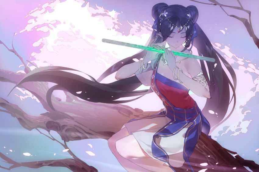 1girl, armlet, asymmetrical_clothes, black_hair, blue_sky, bracelet, branch, closed_eyes