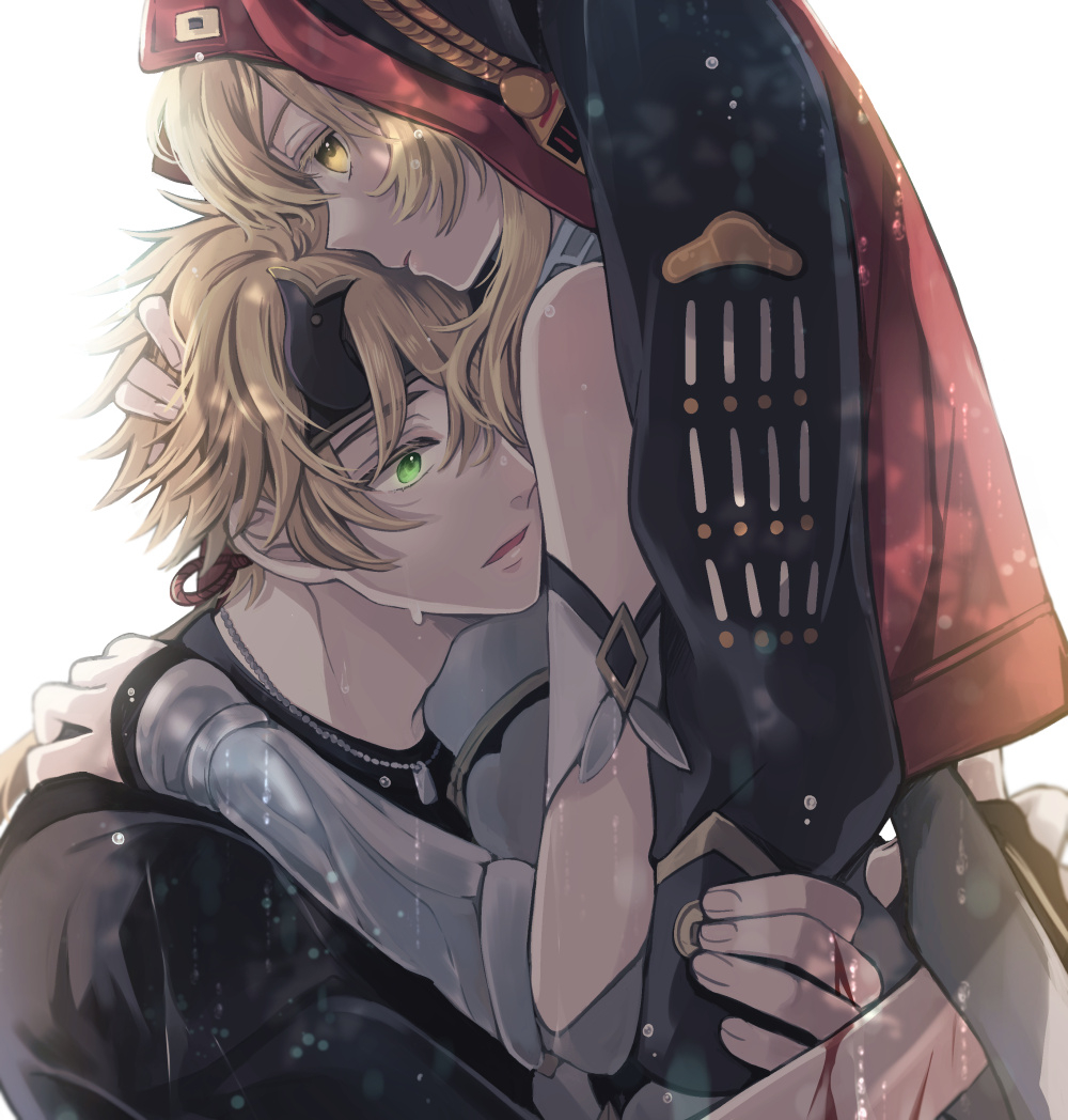 1boy, 1girl, bare_shoulders, black_gloves, black_shirt, blonde_hair, blood, blood_on_arm