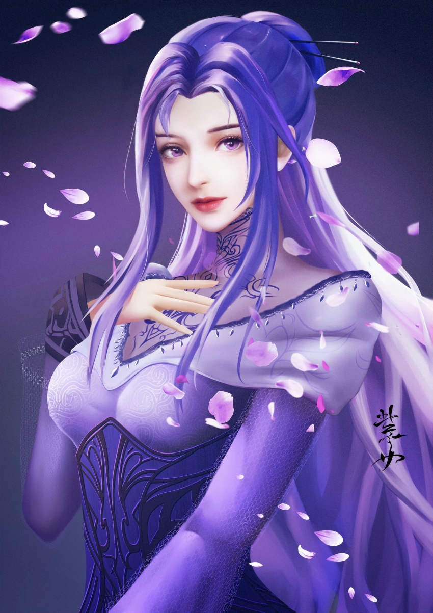 1girl, absurdres, corset, dark_background, dress, falling_petals, hair_ornament, hairpin