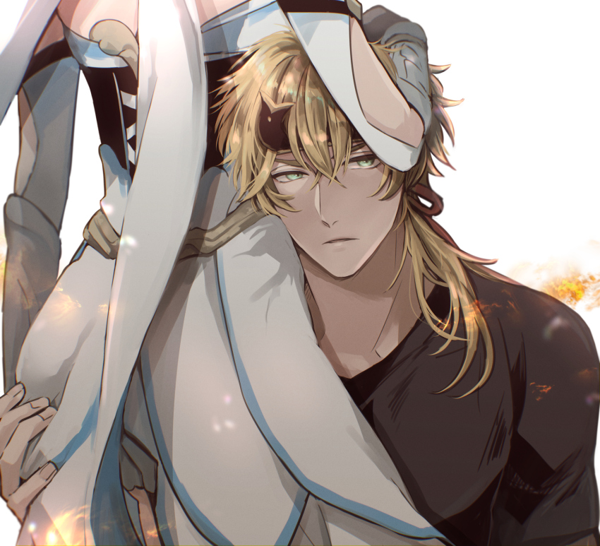 1boy, 1girl, arm_guards, arm_on_own_head, black_shirt, blonde_hair, closed_mouth, dress