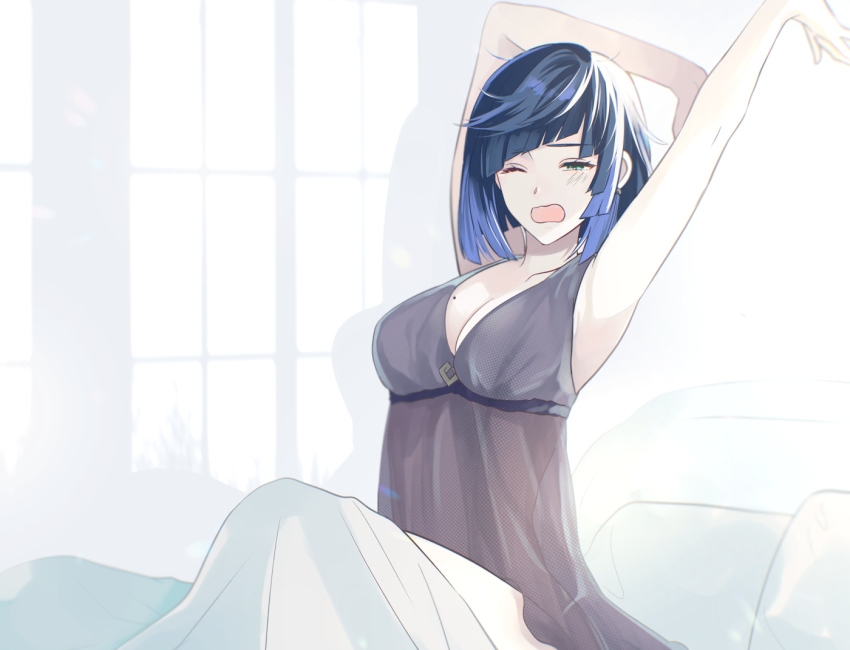1girl, armpits, arms_up, bare_arms, blanket, blue_hair, blush, bob_cut, breasts, cleavage, collarbone, diagonal_bangs, dress, drop_shadow, genshin_impact, green_eyes, halter_dress, halterneck, knee_up, large_breasts, messy_hair, mole, mole_on_breast, nightgown, on_bed, one_eye_closed, open_mouth, pillow, see-through_clothes, short_hair, sidelocks, sitting, sleepwear, sleeveless, solo, stretching, tarou_(you-0512), under_covers, upper_body, waking_up, white_background, window_shadow, yawning, yelan_(genshin_impact)