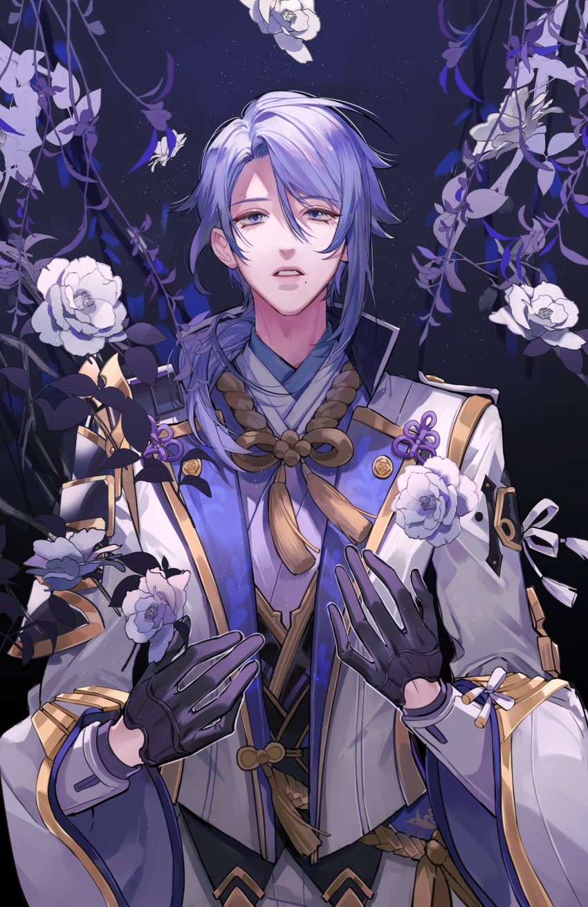 1boy, black_gloves, blue_eyes, blue_hair, dark_background, floral_background, flower, genshin_impact