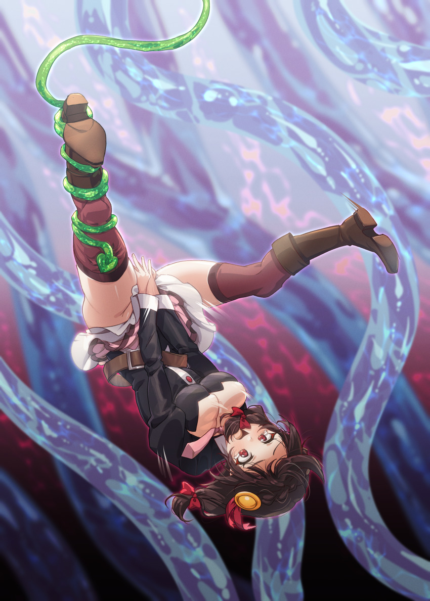 1girl, absurdres, black_hair, blush, braid, breasts, cleavage, covering_privates, covering_crotch, full_body, furon_(froon), highres, kono_subarashii_sekai_ni_shukufuku_wo!, large_breasts, miniskirt, open_mouth, red_eyes, restrained, skirt, tentacles, thighhighs, upside-down, yunyun_(konosuba)