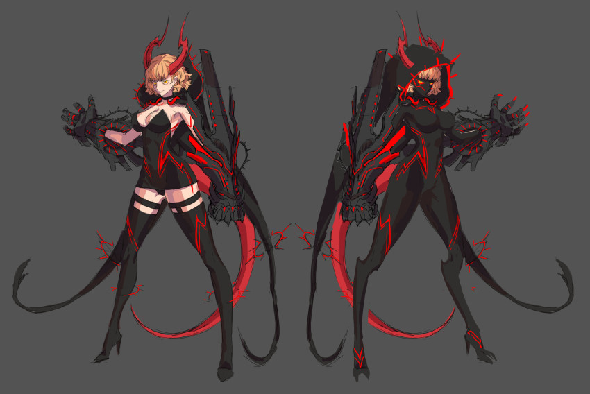 1girl, absurdres, black_dress, black_panties, black_thighhighs, blonde_hair, body_markings, breasts, cleavage, ddollydonut, demon_girl, demon_horns, demon_tail, dress, grey_background, high_heels, highres, hood, horns, looking_at_viewer, original, panties, short_hair, simple_background, tail, thighhighs, transformation, underwear, yellow_eyes