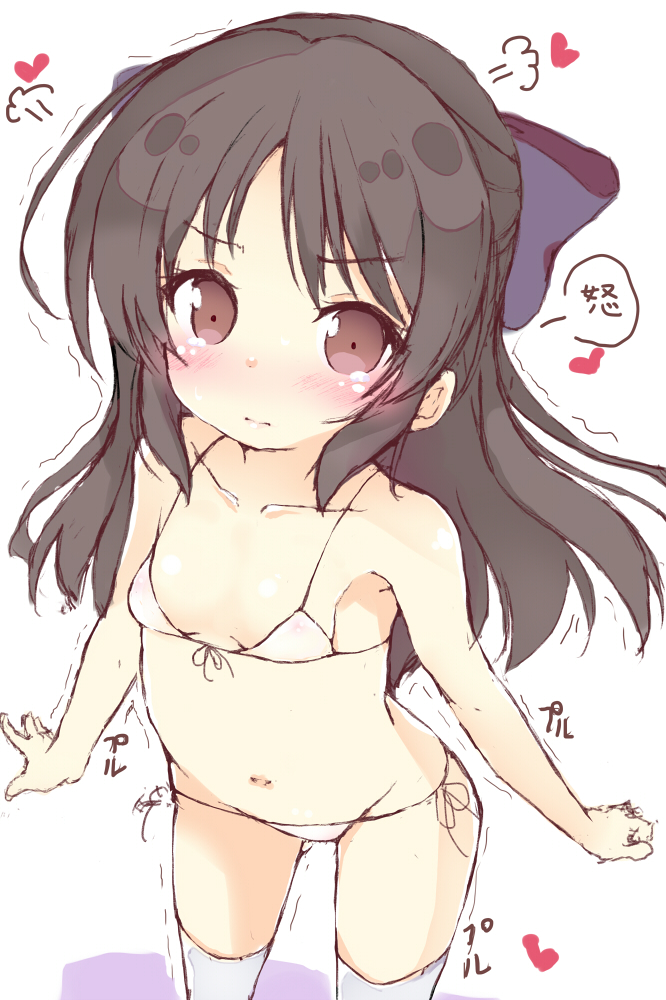 1girl, bikini, blush, breasts, brown_eyes, brown_hair, clenched_hand, female_focus