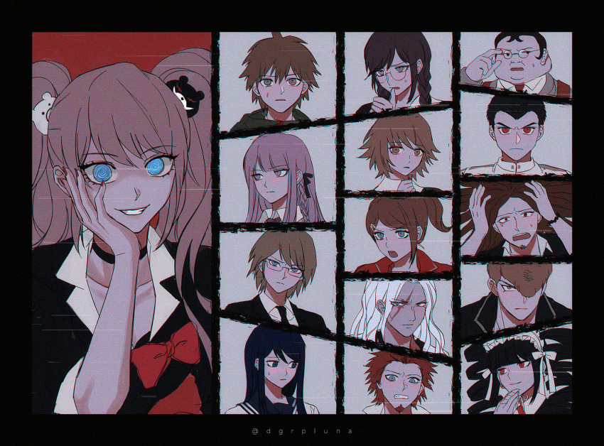 6+boys, 6+girls, :d, @_@, adjusting_eyewear, alternate_hair_color, artist_name, asahina_aoi