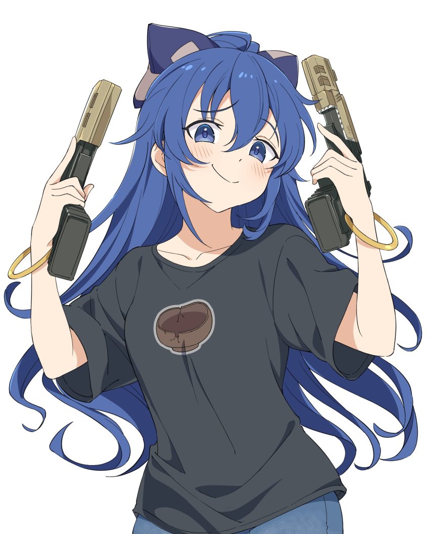 1girl, apex_legends, black_shirt, blue_eyes, blue_hair, blush, bow, bowl, breasts, closed_mouth, commentary_request, cowboy_shot, dual_wielding, gun, hair_between_eyes, hair_bow, handgun, highres, holding, holding_gun, holding_weapon, long_hair, masho_makamaka, pistol, sa-3_mozambique, shirt, simple_background, small_breasts, smile, solo, t-shirt, touhou, weapon, white_background, yorigami_shion