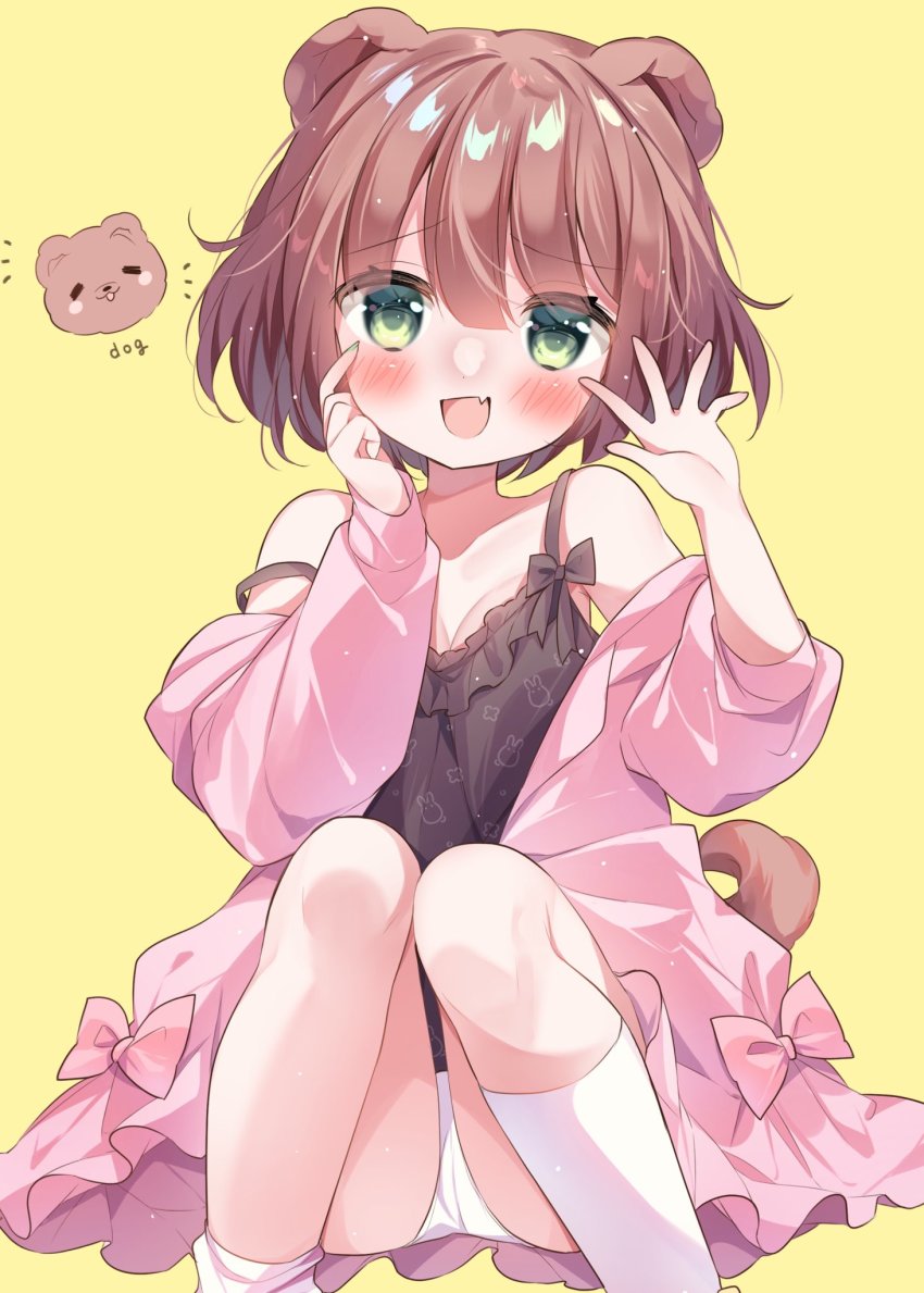 1girl, animal_ears, black_camisole, blush, breasts, brown_hair, camisole, dog_ears