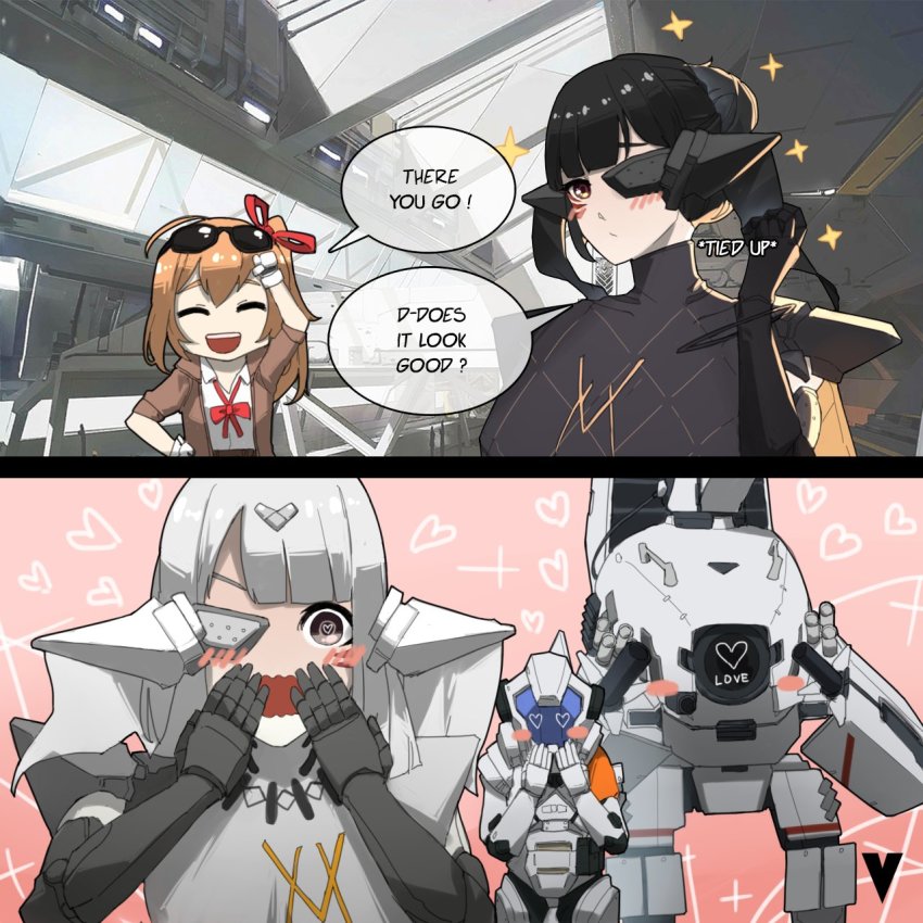 1other, 3girls, adeline_(girls'_frontline), alina_(girls'_frontline), armor, black_dress, black_hair, blunt_bangs, blush, closed_mouth, commentary, doppelsoldner_(girls'_frontline), dress, embarrassed, english_commentary, english_text, eyewear_on_head, girls'_frontline, gloves, hair_between_eyes, hair_ornament, hair_ribbon, headgear, heart, heart-shaped_eyes, highres, indoors, kalina_(girls'_frontline), long_hair, looking_at_viewer, mecha, multiple_girls, nyto_(girls'_frontline), open_mouth, orange_hair, paradeus, power_armor, ribbon, robot, shirt, smile, speech_bubble, strelet_(girls'_frontline), sunglasses, upper_body, variasii, weapon, white_gloves, white_hair, white_shirt