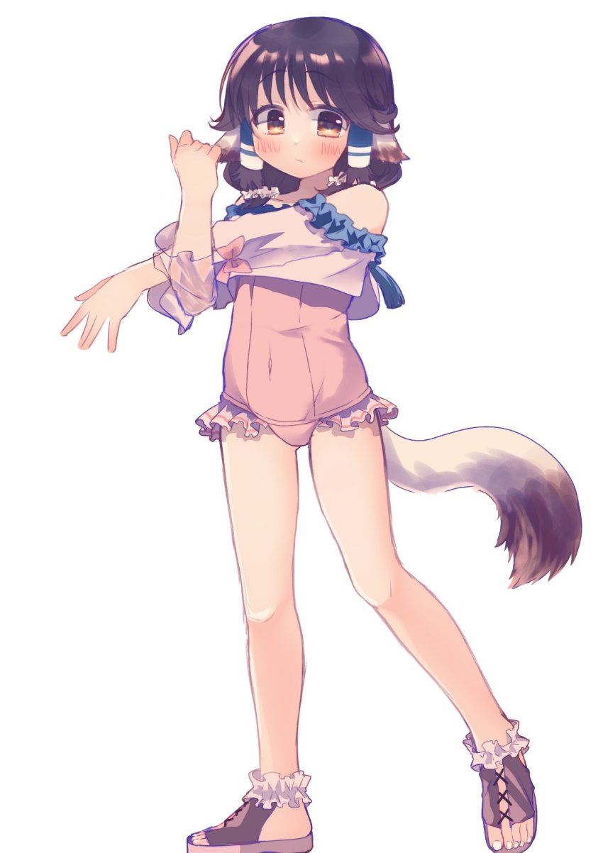 1girl, animal_ears, aquaplus, arms_up, aruruu, bare_shoulders, blush, breasts, brown_hair, clenched_hand, closed_mouth, frilled_swimsuit, frills, from_side, full_body, gradient_eyes, hair_between_eyes, hair_ornament, hair_over_shoulder, highres, long_sleeves, looking_at_viewer, medium_hair, multicolored_eyes, off_shoulder, orange_eyes, raised_eyebrows, sidelocks, small_breasts, solo, standing, standing_on_one_leg, swimsuit, tail, toenails, twintails, utawarerumono, utawarerumono:_lost_flag, yasonomugi