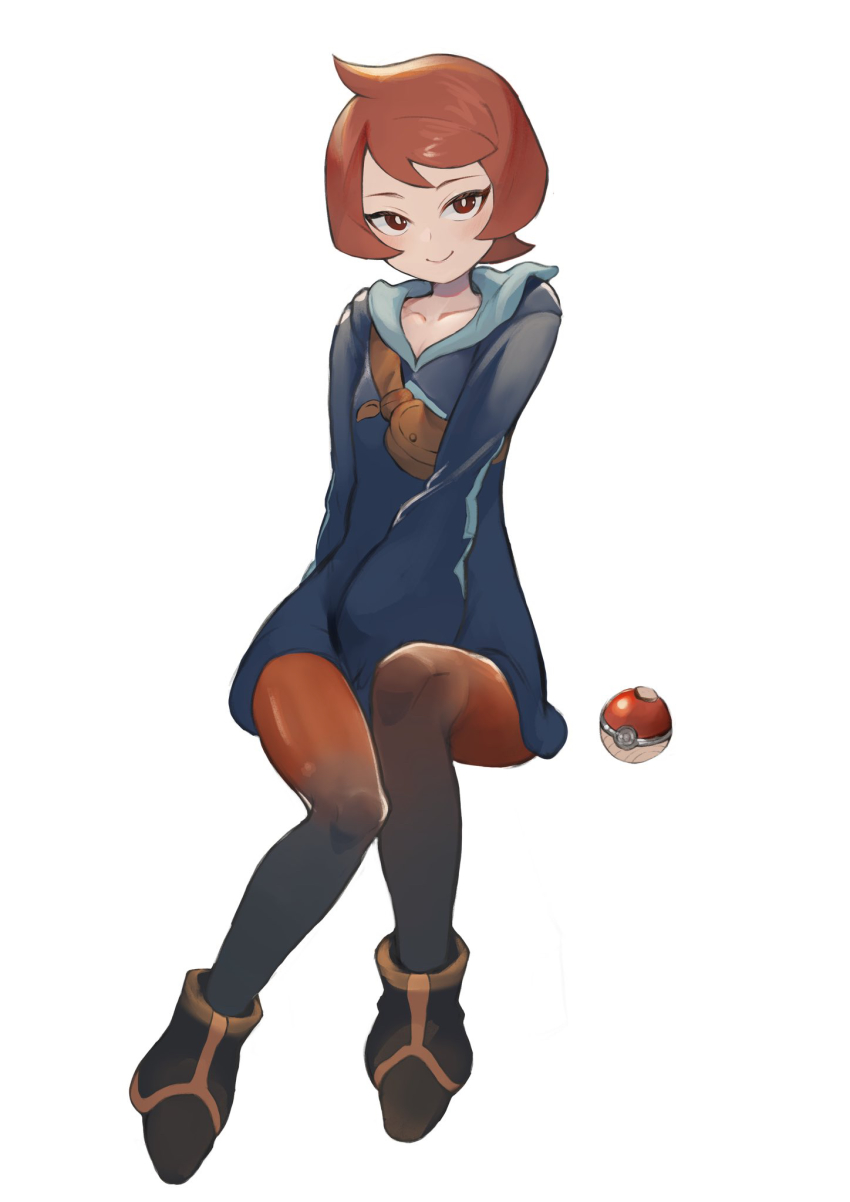 1girl, arezu_(pokemon), black_boots, boots, bright_pupils, brown_bag, brown_hair, closed_mouth, collarbone, commentary_request, cowlick, fanny_pack, full_body, gradient_legwear, highres, hisuian_poke_ball, jacket, looking_at_viewer, nintendo, pantyhose, poke_ball, pokemon, pokemon_legends:_arceus, short_hair, smile, solo, taruto_(takug0812), white_background, white_pupils
