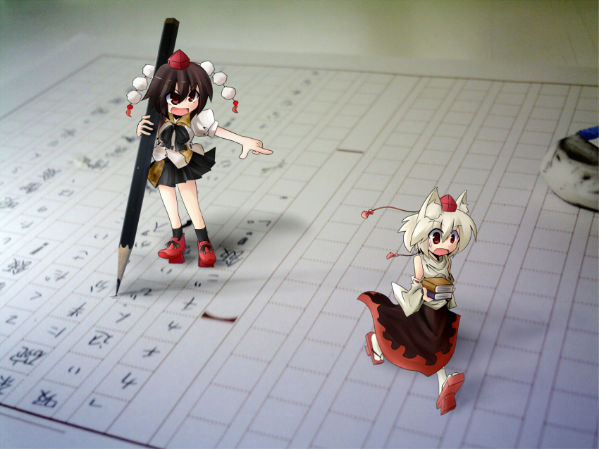 2girls, chibi, female_focus, geta, hat, highres, inubashiri_momiji, mini_person