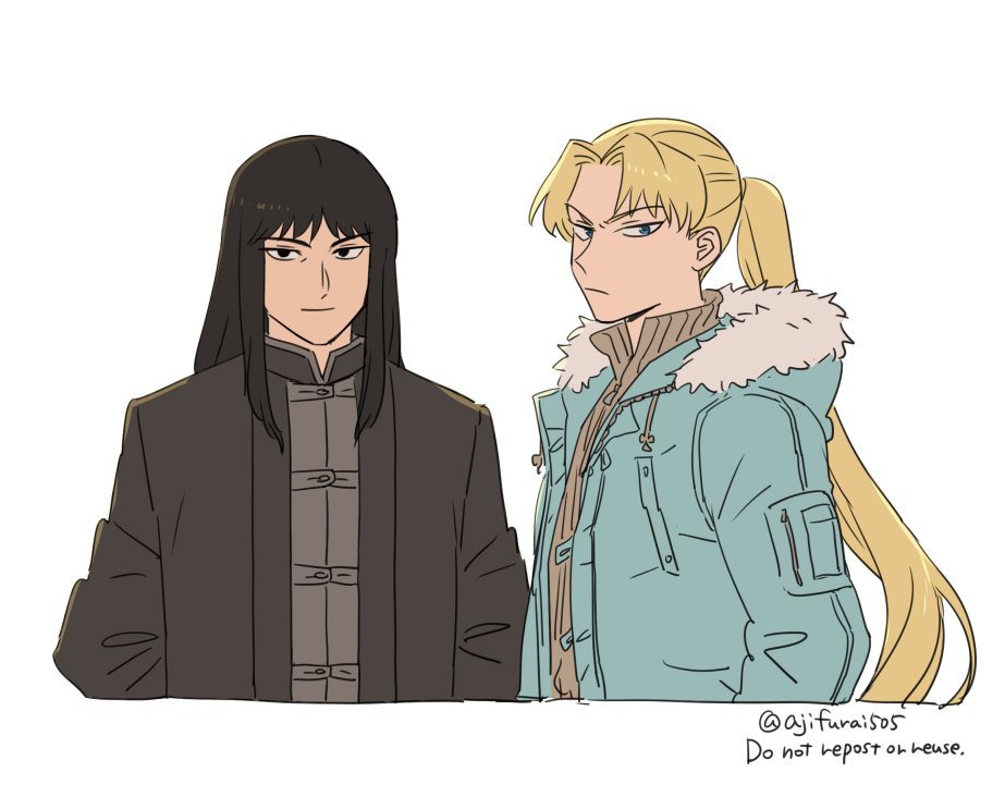 asaya_minoru, black_eyes, black_hair, black_jacket, blonde_hair, blue_eyes, blue_jacket, brown_jacket