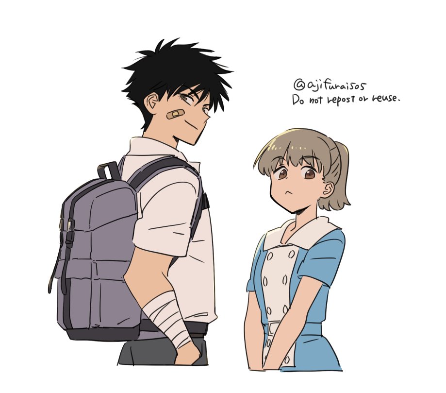 1boy, 1girl, :<, asaya_minoru, backpack, bag, bandaged_arm, bandages