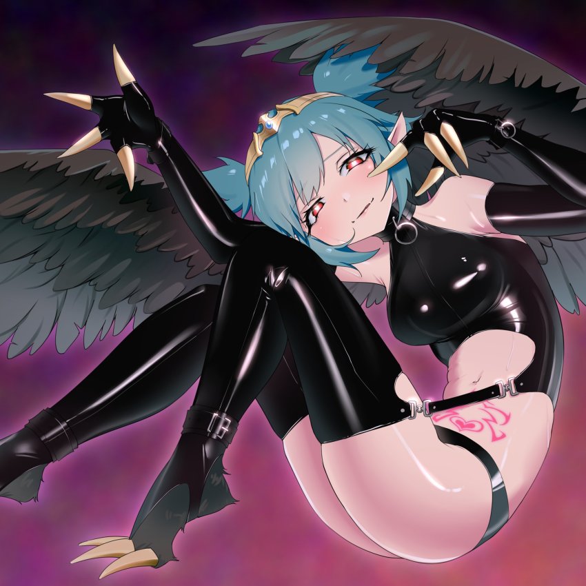 1girl, animal_feet, bare_shoulders, black_feathers, black_wings, blue_hair, breasts, claws