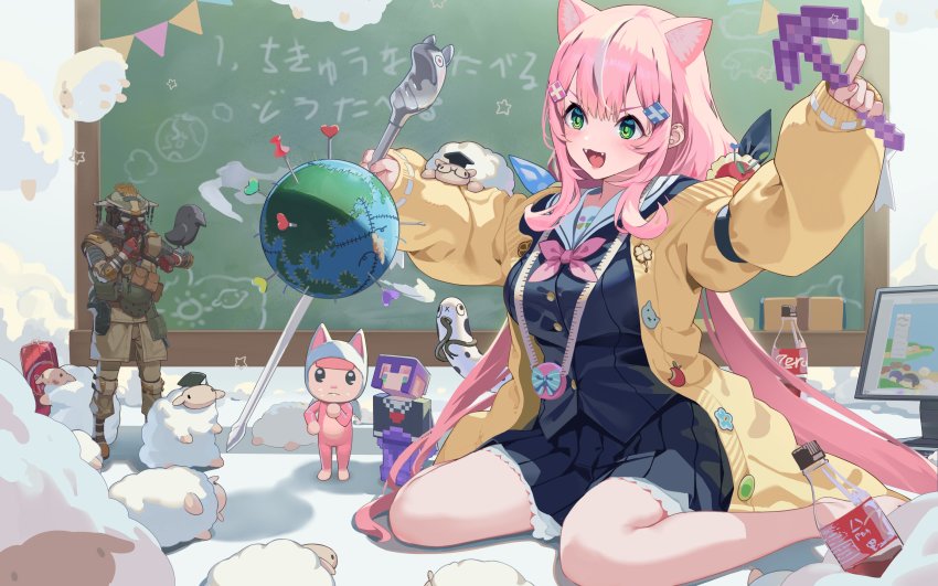 absurdres, animal_ears, bird, bloodhound_(apex_legends), breasts, chalkboard, cloud, coca-cola