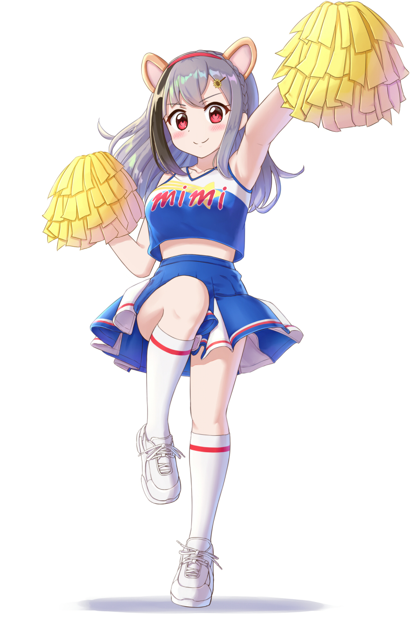 1girl, animal_ears, arm_up, black_hair, blue_skirt, blush, braid, breasts