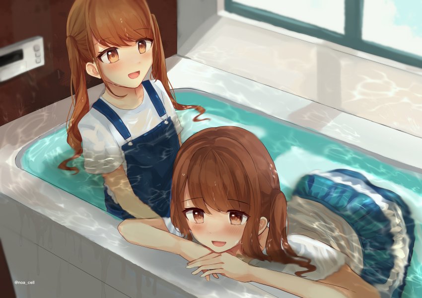2girls, absurdres, bathing, bathroom, bathtub, blouse, blue_overalls, blue_pants