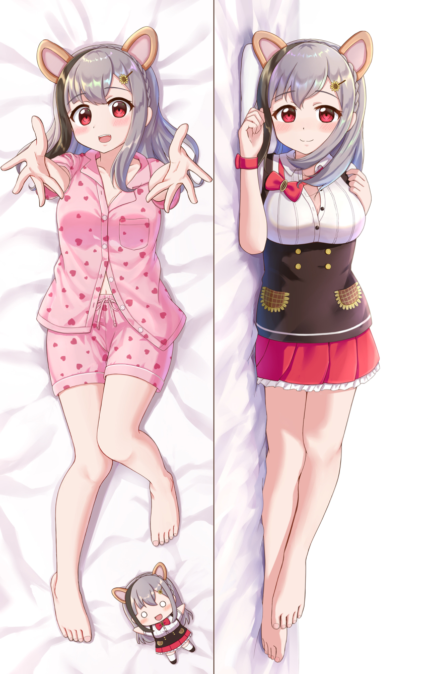 1girl, :d, animal_ears, barefoot, bed_sheet, black_hair, blush, bracelet, breasts, closed_mouth, dakimakura_(medium), extra_ears, grey_hair, hamster_ears, heart, heart_print, highres, indie_virtual_youtuber, jewelry, kirara_mimi, lilium443, looking_at_viewer, lying, multicolored_hair, multiple_views, on_back, on_side, open_mouth, outstretched_arms, pajamas, pillow, red_eyes, red_skirt, shirt, skirt, smile, streaked_hair, toes, virtual_youtuber, white_shirt
