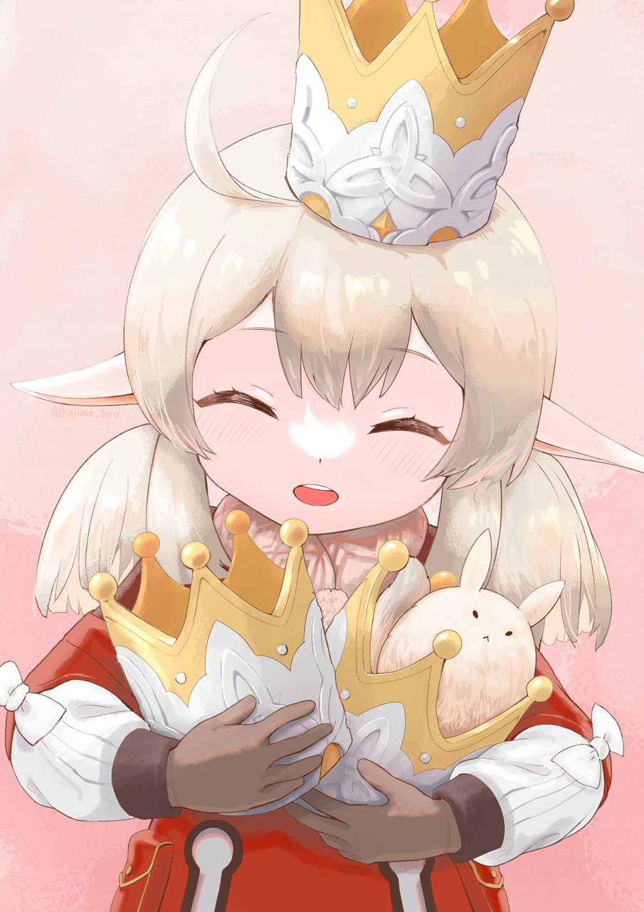 1girl, :d, ^_^, ahoge, brown_gloves, brown_scarf, carrying, closed_eyes, coat, commentary_request, crown, dodoco_(genshin_impact), genshin_impact, gloves, hair_between_eyes, hajima_teru, highres, klee_(genshin_impact), light_brown_hair, long_hair, long_sleeves, looking_at_viewer, low_twintails, open_mouth, pocket, red_coat, scarf, sidelocks, simple_background, smile, solo, stuffed_animal, stuffed_toy, twintails