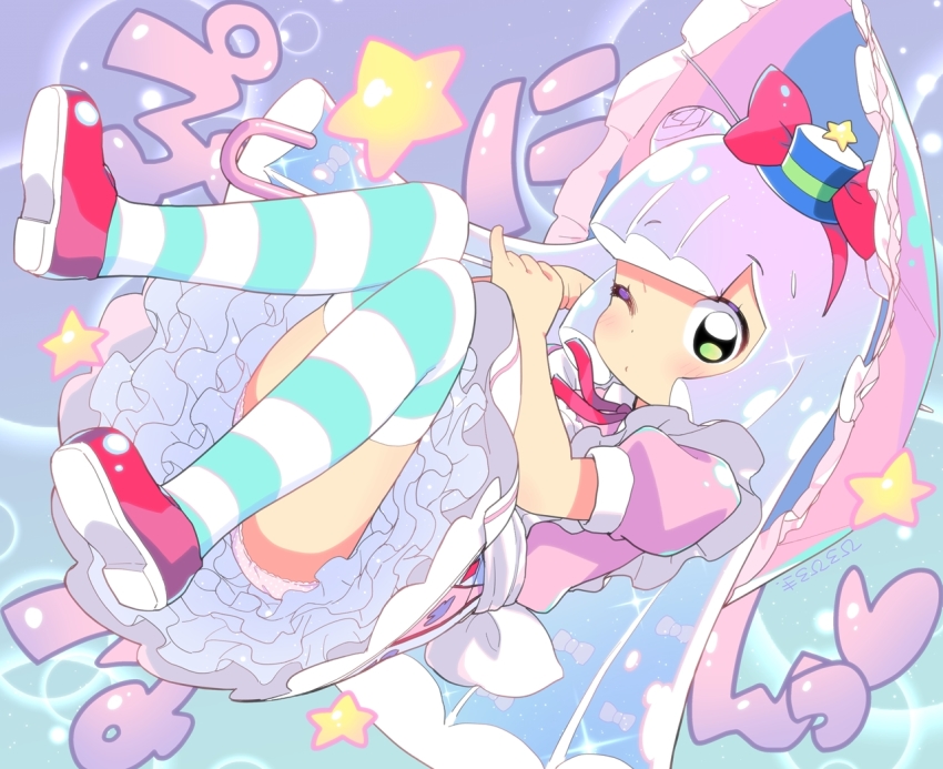 1girl, blue_hair, blue_headwear, blush, bow, bubbly_rich_girl_kawaii_puniru, closed_mouth, commentary_request, double_bun, dress, dutch_angle, frilled_umbrella, frills, gradient_hair, green_eyes, hair_bun, hairband, hat, hiro_hiroki, holding, holding_umbrella, knees_together_feet_apart, long_hair, looking_at_viewer, mini_hat, mini_top_hat, monster_girl, multicolored_hair, one_eye_closed, panties, pink_dress, pink_panties, pink_umbrella, polka_dot, polka_dot_panties, puffy_short_sleeves, puffy_sleeves, puniru_(puniru_wa_kawaii_slime), puniru_wa_kawaii_slime, purple_hair, red_bow, red_hairband, red_shoes, shoe_soles, shoes, short_sleeves, slime_girl, solo, star_(symbol), striped_clothes, striped_thighhighs, text_background, thighhighs, top_hat, translation_request, umbrella, underwear, very_long_hair