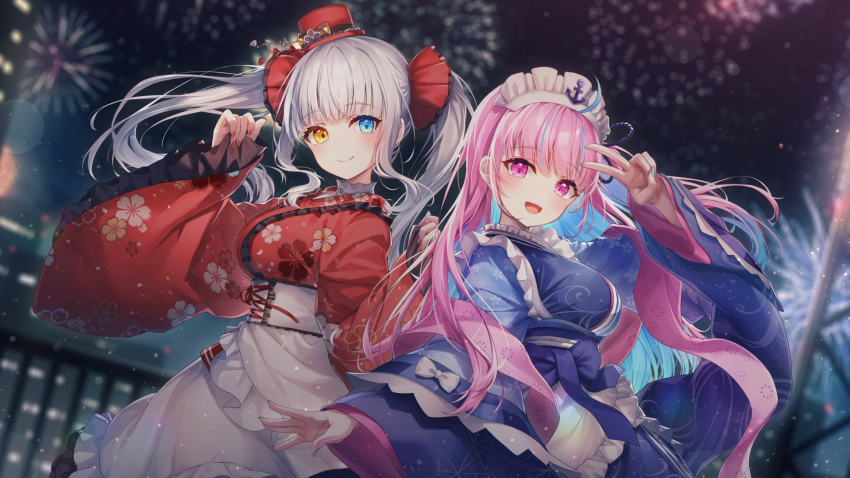 2girls, :d, apron, blue_eyes, blue_kimono, chihiro_ayaka, fireworks, grey_hair