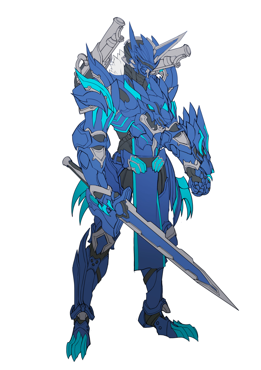 1boy, absurdres, armor, blue_armor, blue_eyes, catball1994, full_body, fur_trim