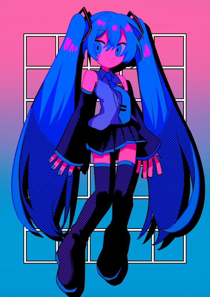 1girl, bare_shoulders, black_skirt, blue_boots, blue_eyes, blue_hair, blue_nails, blue_necktie, boots, closed_blue_(vocaloid), detached_sleeves, fingernails, gradient_background, grid, grid_background, hair_between_eyes, hatsune_miku, highres, long_hair, menma_(enaic31), nail_polish, necktie, skirt, sleeves_past_wrists, solo, thigh_boots, twintails, very_long_hair, vocaloid