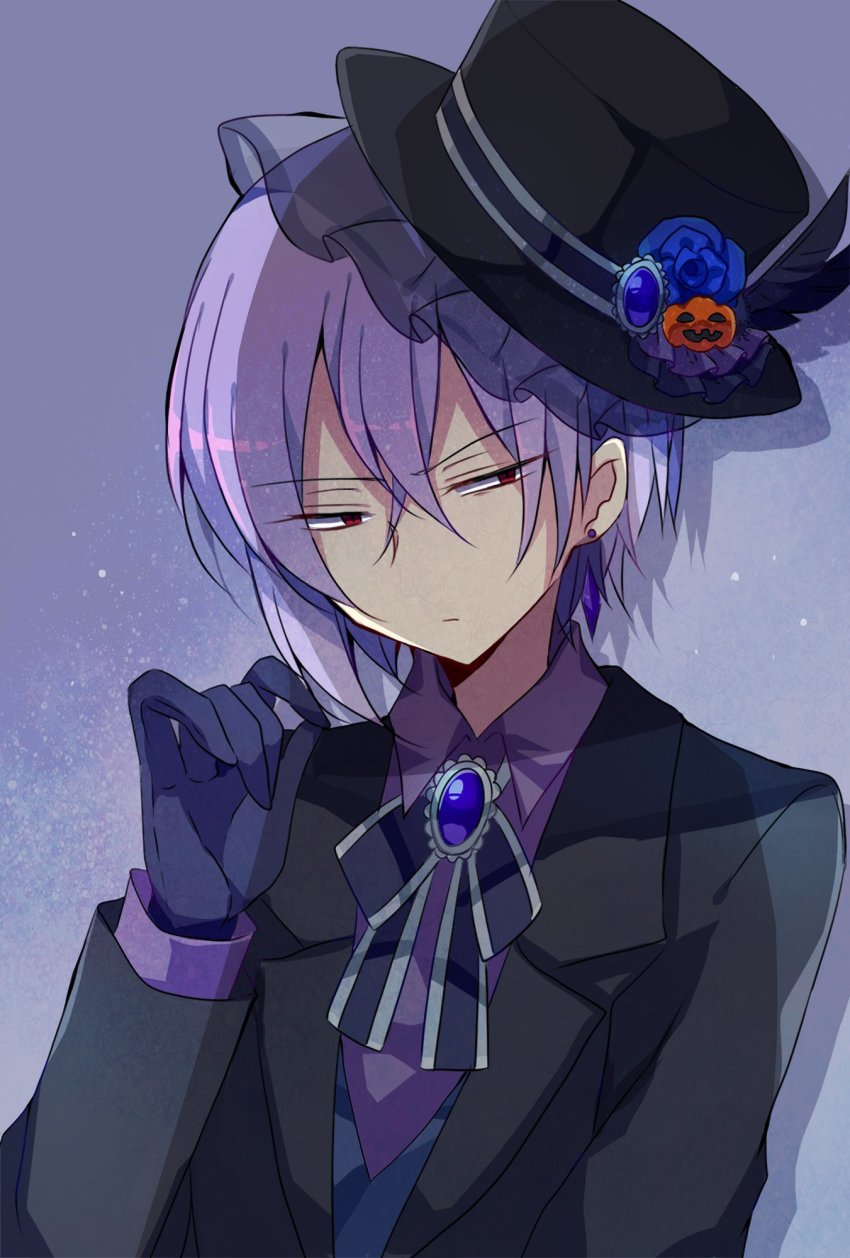 1boy, alternate_costume, black_hat, black_jacket, blue_flower, blue_gloves, blue_rose, blue_vest