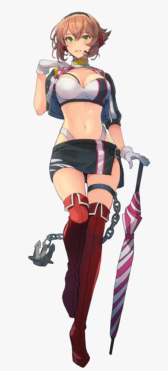 1girl, adapted_costume, anchor, black_skirt, boots, breasts, brown_hair, chain, cleavage, collarbone, cosplay, cropped_jacket, earphones, flipped_hair, full_body, gloves, gotland_(2020_race_queen)_(kancolle), gotland_(kancolle), gotland_(kancolle)_(cosplay), green_eyes, grey_background, hand_on_own_chest, highres, kantai_collection, kasumi_(skchkko), large_breasts, looking_at_viewer, mutsu_(kancolle), parted_lips, race_queen, red_thighhighs, short_hair, simple_background, skirt, smile, solo, thigh_boots, thigh_strap, thighhighs, umbrella, white_gloves