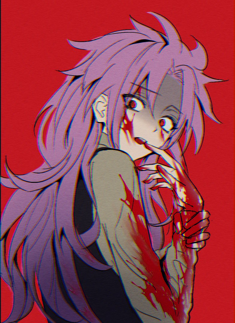 1boy, 7himebdgd, black_vest, blood, blood_on_clothes, blood_on_face, blood_on_hands, chromatic_aberration, commentary_request, eyes_visible_through_hair, hatsutori_hajime, holding_own_wrist, korean_commentary, long_hair, long_sleeves, looking_back, open_mouth, panicking, pink_hair, red_background, red_eyes, saibou_shinkyoku, solo, sweater, turtleneck, turtleneck_sweater, upper_body, vest, wide-eyed, yellow_sweater