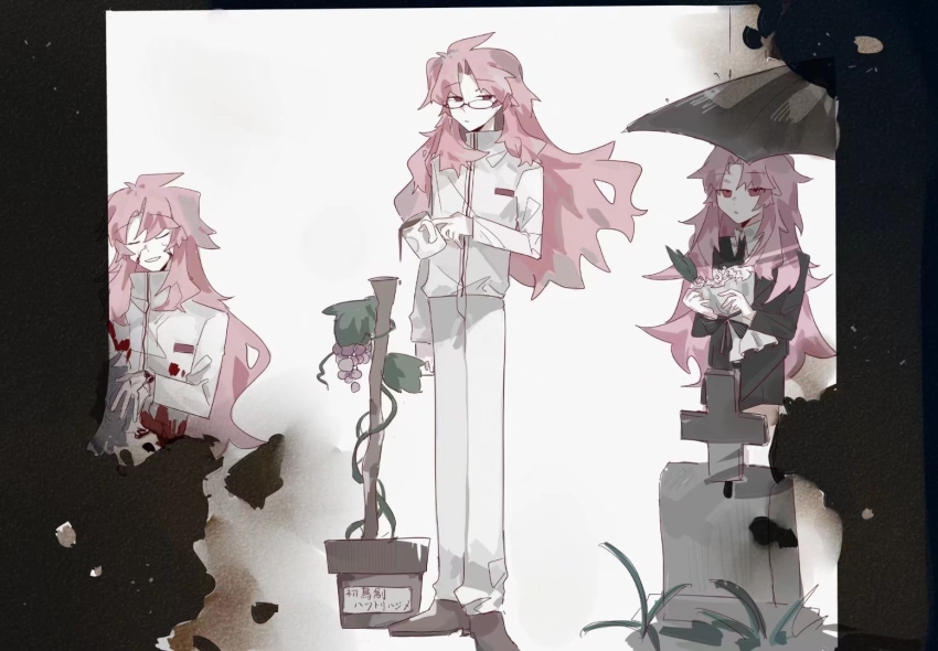 3boys, aitangguodexiaogui842, black_jacket, black_ribbon, black_shorts, black_umbrella, blood, blood_on_clothes