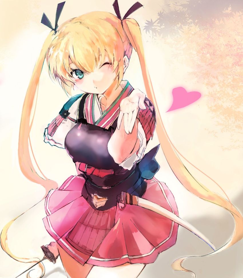 1girl, aqua_eyes, armor, blonde_hair, blowing_kiss, breasts, character_request, hair_ribbon, heart, highres, large_breasts, legs, long_hair, looking_at_viewer, one_eye_closed, ribbon, skirt, solo, thighhighs, traditional_media, tutugano, twintails, wink