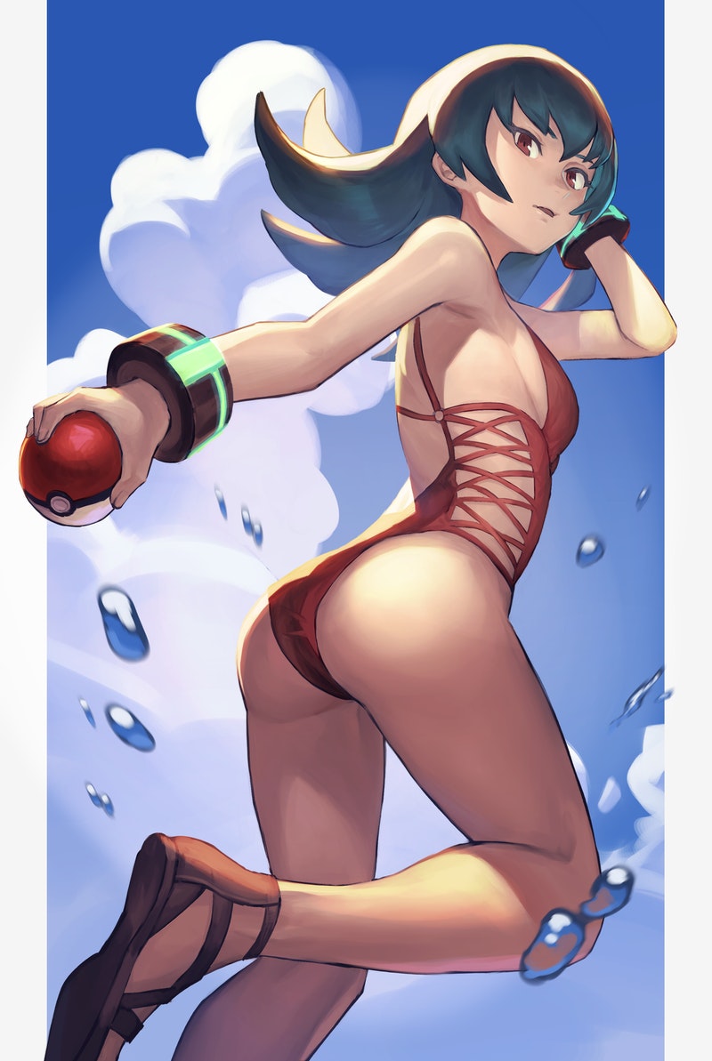 1girl, alternate_costume, ass, bracelet, brown_sandals, cloud, commentary, day, from_below, green_hair, hand_up, holding, holding_poke_ball, jewelry, konoike_(pepe_expect), long_hair, looking_at_viewer, nintendo, one-piece_swimsuit, outdoors, pillarboxed, poke_ball, poke_ball_(basic), pokemon, pokemon_heartgold_and_soulsilver, red_eyes, red_one-piece_swimsuit, sabrina_(pokemon), sandals, sky, solo, swimsuit, water_drop
