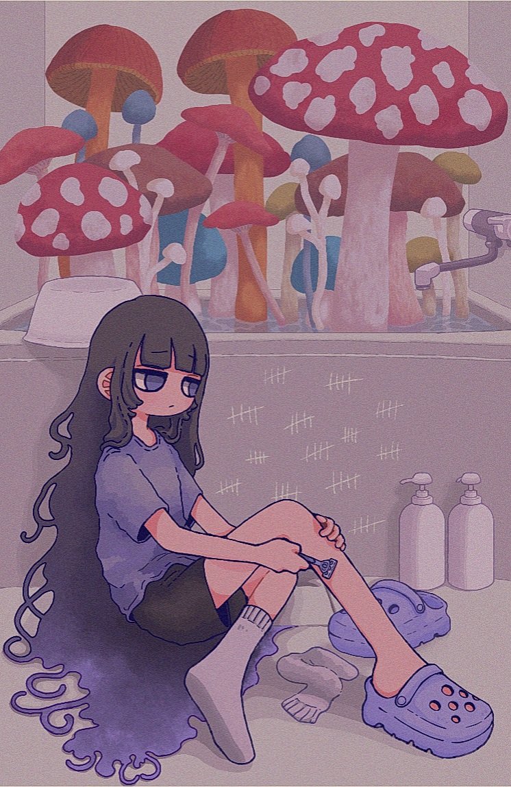 1girl, black_hair, black_shorts, blunt_bangs, crocs, gradient_hair, long_hair, multicolored_hair