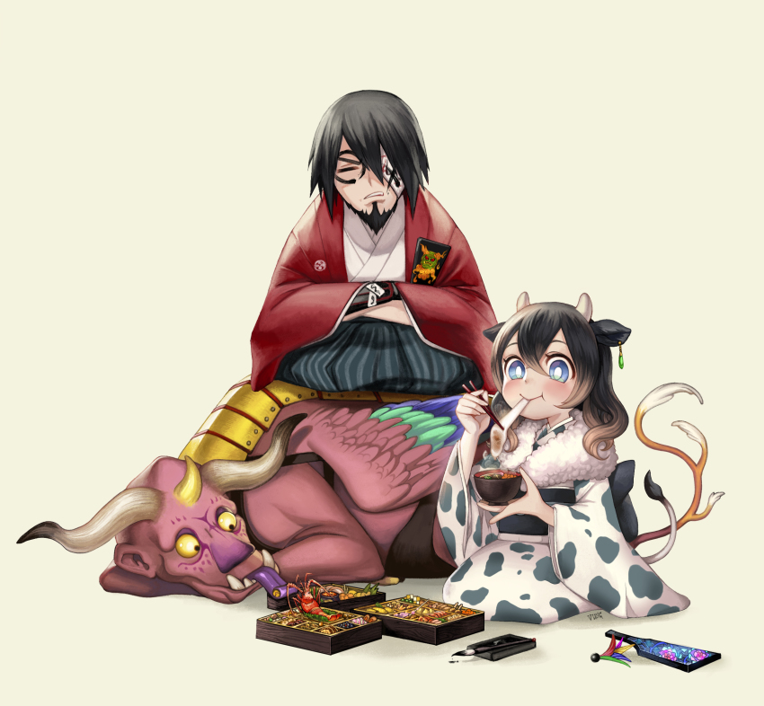 1boy, 1girl, animal_ears, animal_print, armor, bandage_over_one_eye, bandages, beard