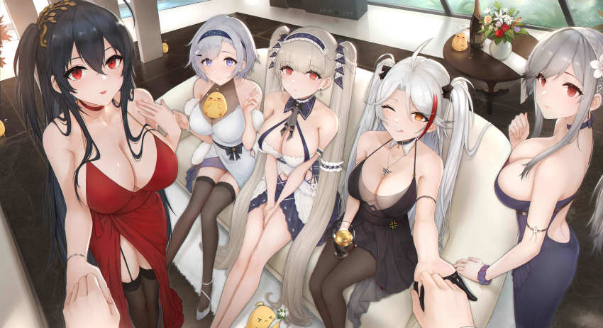 >_<, 5girls, ;q, absurdly_long_hair, absurdres, ahoge, alcohol, alternate_costume, anchor_choker, animal, animal_on_chest, anniversary, ass, azur_lane, back_cutout, backless_dress, backless_outfit, bare_shoulders, bird, bird_hair_ornament, black_choker, black_collar, black_dress, black_garter_straps, black_gloves, black_hair, black_hairband, black_ribbon, black_thighhighs, blush, bottle, bouquet, breasts, brown_legwear, center_opening, chinese_commentary, choker, chromatic_aberration, cleavage, clothing_cutout, cocktail_dress, collar, copyright_name, couch, cross, cup, detached_collar, dove, dress, dress_flower, drinking_glass, dunkerque_(azur_lane), evanyi, evening_gown, feather_boa, feather_dress, feet_out_of_frame, female_focus, flower, formidable_(azur_lane), garter_straps, gloves, grey_hair, hair_between_eyes, hair_ornament, hair_ribbon, hairband, half_gloves, halter_dress, halterneck, harem, heart, heart-shaped_pupils, highres, holding, holding_bouquet, holding_cup, holding_hands, indoors, iron_cross, jewelry, lace, lace-trimmed_dress, lace-trimmed_legwear, lace_trim, large_breasts, long_dress, long_hair, looking_at_viewer, looking_to_the_side, manjuu_(azur_lane), multicolored_hair, multiple_girls, navel_cutout, necklace, official_alternate_costume, one_eye_closed, orange_eyes, ornate_ring, peeking_out, pov, pov_hands, prinz_eugen_(azur_lane), purple_choker, purple_dress, purple_eyes, purple_hairband, red_choker, red_dress, red_eyes, red_flower, reno_(azur_lane), ribbon, ring, round_table, scrunchie, see-through_clothes, see-through_dress, shoes, short_dress, short_hair, sitting, sleeveless, sleeveless_dress, spaghetti_strap, standing, strapless, strapless_dress, streaked_hair, symbol-shaped_pupils, table, taihou_(azur_lane), taihou_(forbidden_fruit)_(azur_lane), thighhighs, thighs, tongue, tongue_out, twintails, two-tone_dress, two-tone_hair, two-tone_ribbon, v_arms, very_long_hair, wedding_ring, white_collar, white_dress, white_flower, white_footwear, white_hair, white_ribbon, wink, wrist_scrunchie, yellow_eyes, yellow_flower