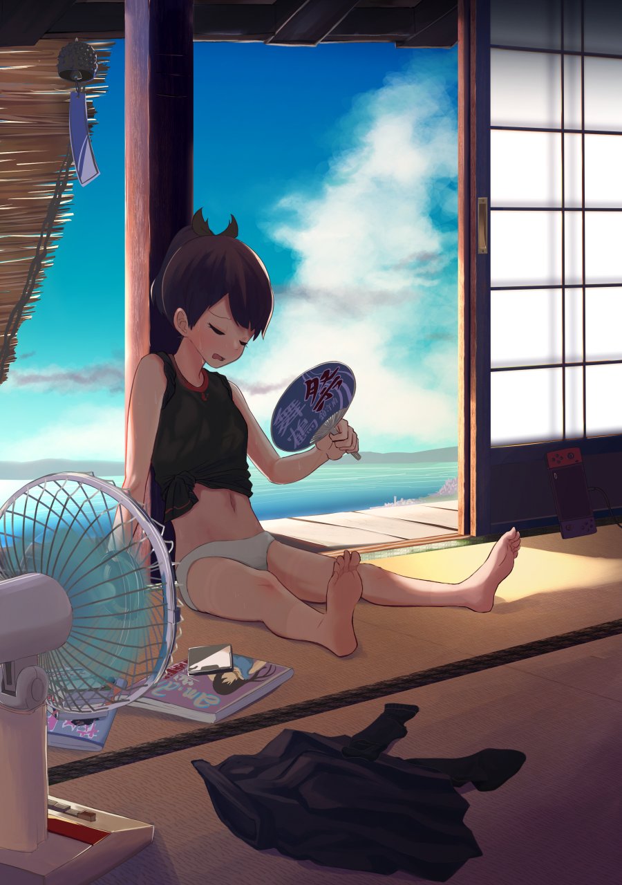 1girl, barefoot, black_tank_top, blue_sky, book, brown_hair, unworn_clothes, cloud, commentary_request, day, electric_fan, closed_eyes, hand_fan, highres, infini, kantai_collection, navel, ocean, panties, paper_fan, ponytail, scenery, shikinami_(kancolle), short_hair, sky, solo, tank_top, tatami, uchiwa, underwear, white_panties, wind_chime