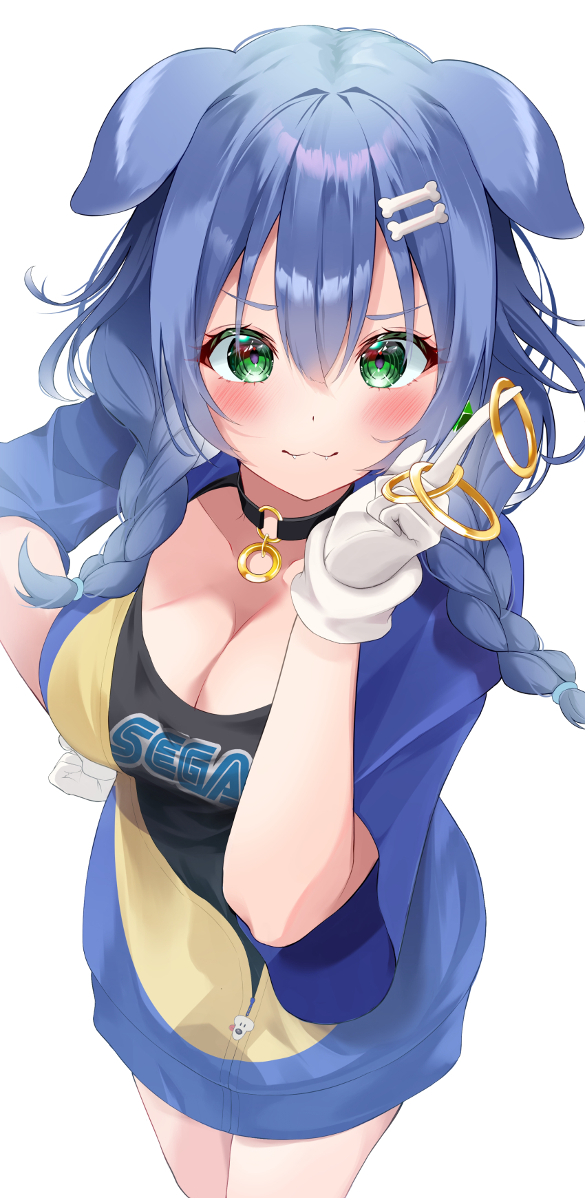 1girl, :3, absurdres, alternate_eye_color, alternate_hair_color, animal_ears, asphalt494, black_shirt, blue_hair, blush, bone_hair_ornament, braid, breasts, cleavage, closed_mouth, clothes_writing, collar, dog_ears, fangs, fangs_out, gloves, green_eyes, hair_ornament, highres, hololive, hood, hoodie, index_finger_raised, inugami_korone, inugami_korone_(sonikoro), large_breasts, ring_(sonic), sega, shirt, solo, sonic_(series), twin_braids, virtual_youtuber, white_gloves