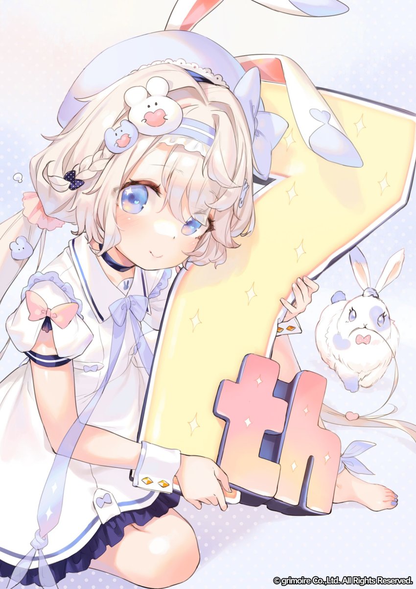 1girl, animal, animal_ears, animal_hat, barefoot, bear_ears, beret, black_choker, blonde_hair, blue_eyes, blush, bow, braid, brave_sword_x_blaze_soul, child, choker, closed_mouth, collared_dress, dress, eyes_visible_through_hair, feet, frilled_dress, frilled_hairband, frills, full_body, gradient_background, hair_between_eyes, hair_bow, hair_intakes, hair_ornament, hairband, halftone, halftone_background, hat, heart, henreader, highres, holding, long_hair, looking_at_viewer, low_twintails, mouse_hair_ornament, nail_polish, hugging_object, official_art, oversized_object, polka_dot, puffy_short_sleeves, puffy_sleeves, purple_bow, purple_hairband, purple_headwear, purple_nails, rabbit, rabbit_ears, ribbon, sailor_collar, sailor_dress, scrunchie, short_sleeves, simple_background, sitting, smile, solo, sparkle, toenail_polish, toenails, toes, twintails, very_long_hair, watermark, white_dress, white_hair, wrist_cuffs