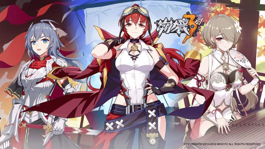 3girls, armor, bare_shoulders, black_hair, black_pants, blue_eyes, brown_gloves, brown_hair, china_dress, chinese_clothes, closed_mouth, collared_shirt, dress, fingerless_gloves, flower, fu_hua, fu_hua_(fire_and_sword), fu_hua_(phoenix), gauntlets, gloves, goggles, goggles_on_head, hair_flower, hair_ornament, hair_over_one_eye, hand_fan, hand_on_own_hip, highres, holding, holding_fan, holding_sword, holding_weapon, honkai_(series), honkai_impact_3rd, jacket, long_hair, looking_at_viewer, mole, mole_under_eye, multiple_girls, murata_himeko, murata_himeko_(arctic_kriegsmesser), murata_himeko_(frisian_cutlass), official_art, open_mouth, pants, ponytail, purple_eyes, red_hair, red_jacket, rita_rossweisse, rita_rossweisse_(argent_knight:_artemis), rita_rossweisse_(maid_of_celestia), shirt, sleeveless, sleeveless_shirt, smile, sword, twintails, weapon, white_dress, white_flower, white_shirt, yellow_eyes