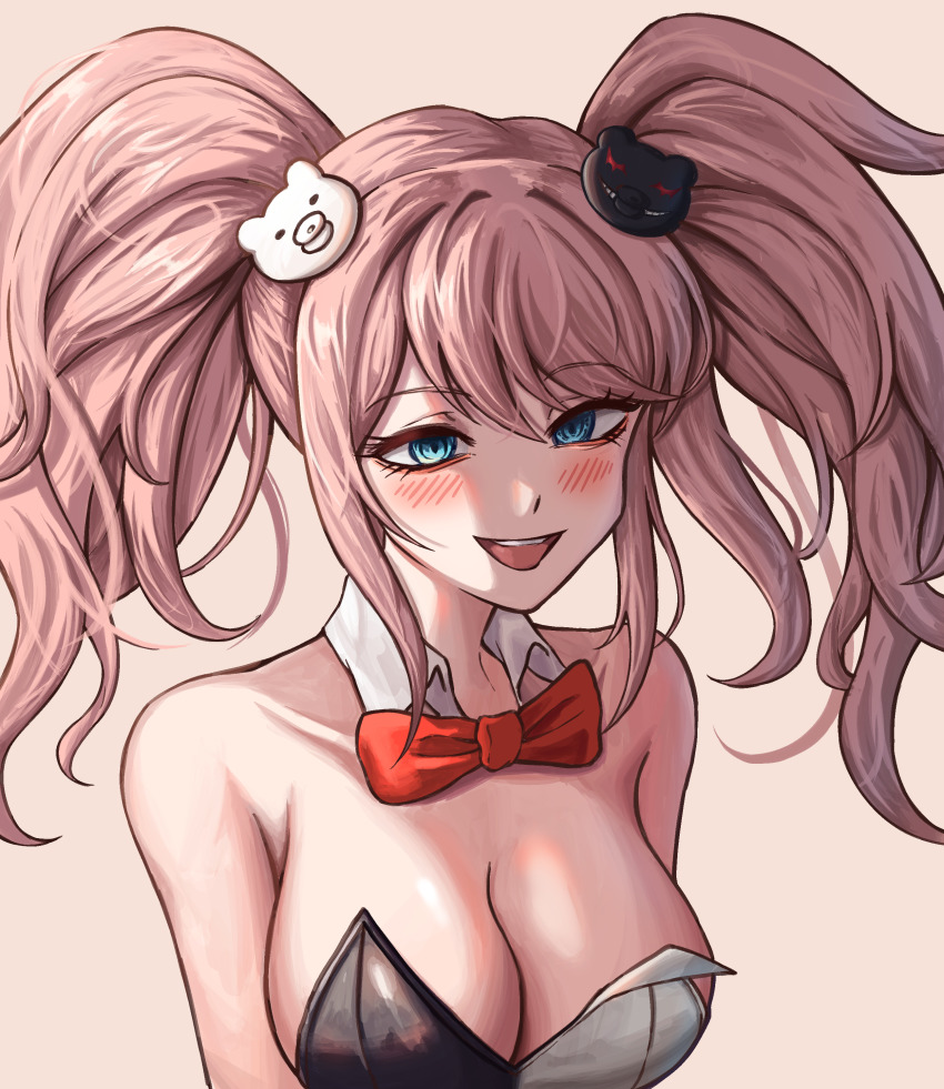 1girl, :d, absurdres, alternate_costume, bare_shoulders, bear_hair_ornament, blue_eyes, blush, bow, bowtie, breasts, cleavage, danganronpa:_trigger_happy_havoc, danganronpa_(series), detached_collar, enoshima_junko, grey_background, hair_ornament, highres, long_hair, open_mouth, petra_(jgc845601), playboy_bunny, red_bow, red_bowtie, smile, solo, teeth, twintails, upper_teeth_only