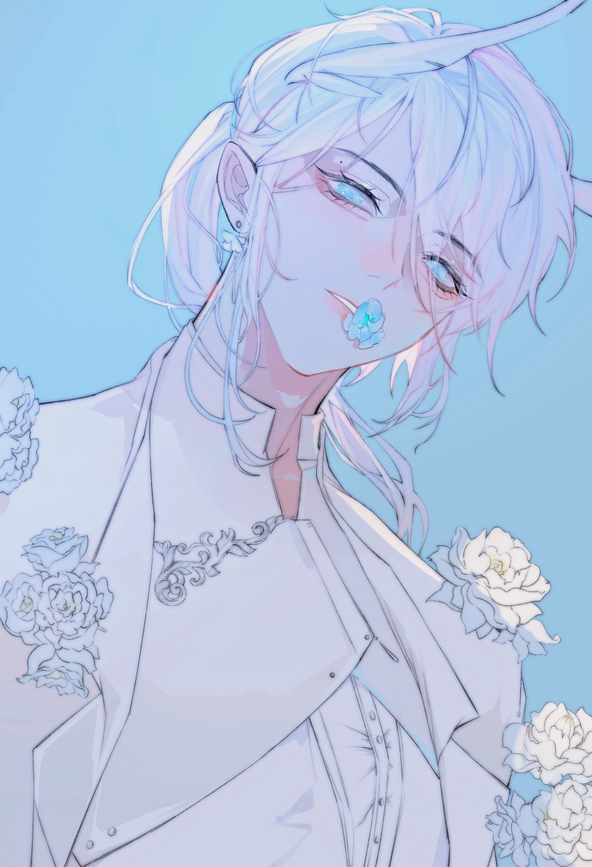 1boy, absurdres, blue_background, blue_eyes, earrings, flower, flower_earrings, flower_in_mouth