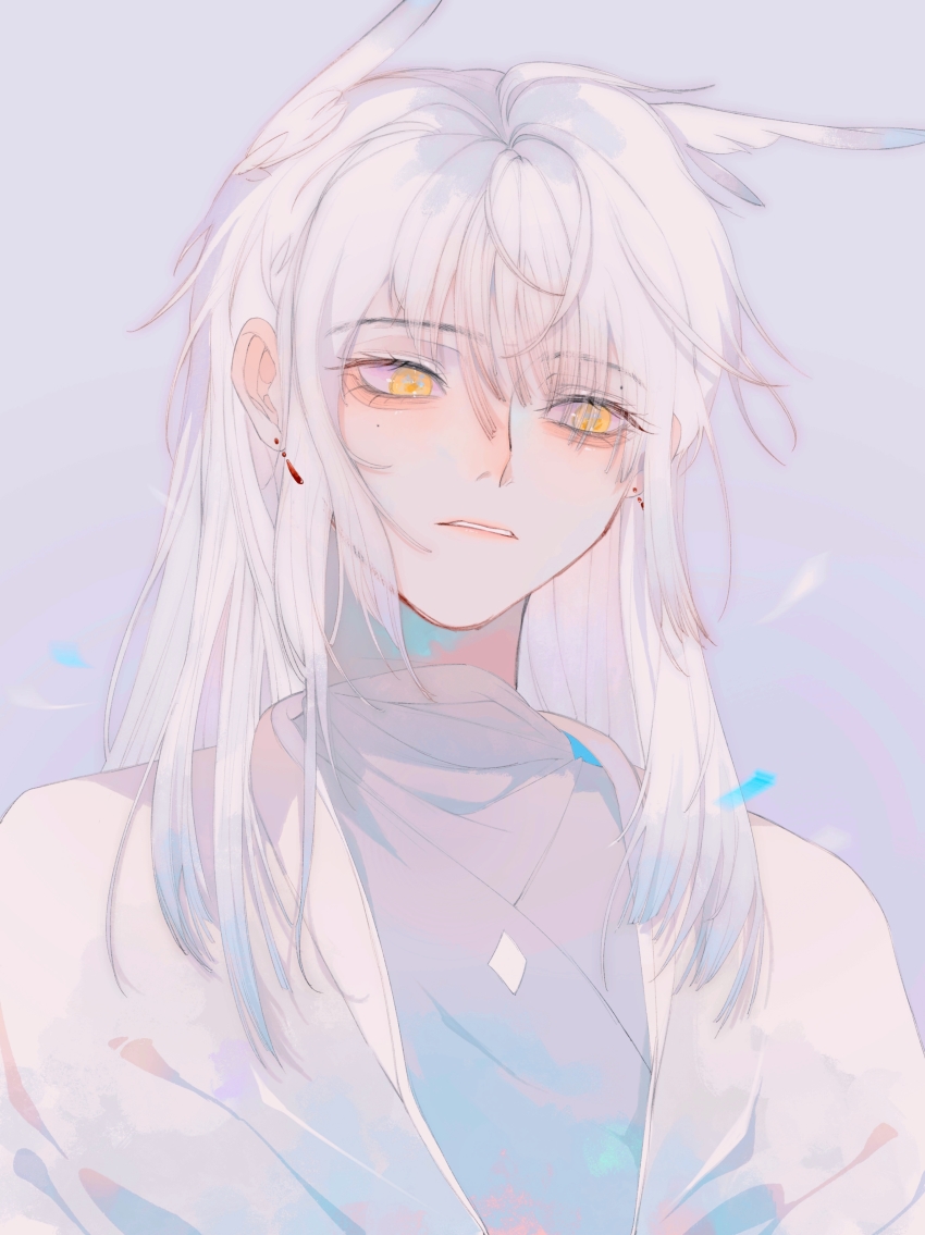 1boy, absurdres, earrings, grey_hair, highres, jewelry, long_hair, looking_at_viewer