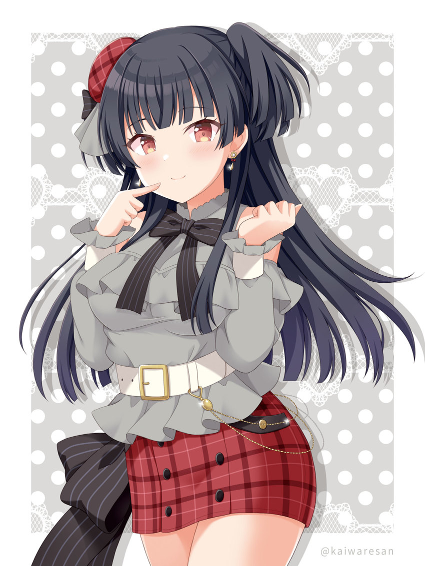 1girl, belt, belt_buckle, beret, black_bow, black_hair, bow, breasts