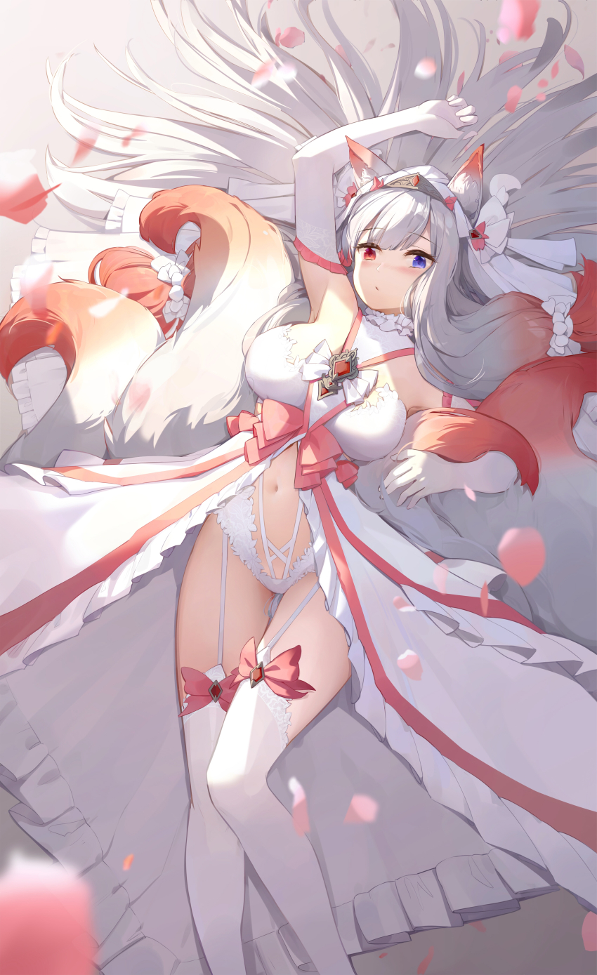 1girl, absurdres, animal_ear_fluff, animal_ears, blue_eyes, blush, breasts, bridal_veil, bride, brooch, elbow_gloves, falling_petals, feet_out_of_frame, fox_ears, fox_girl, fox_tail, garter_straps, gloves, gradient_hair, heterochromia, highres, jewelry, kitsune, kyuubi, large_breasts, looking_at_viewer, lying, milk_(pixiv45069038), multicolored_hair, multiple_tails, navel, on_back, original, parted_lips, petals, red_eyes, red_hair, red_ribbon, ribbon, solo, stomach, tail, tail_ornament, tail_ribbon, thigh_gap, thighhighs, tiara, veil, white_gloves, white_hair, white_ribbon, white_thighhighs