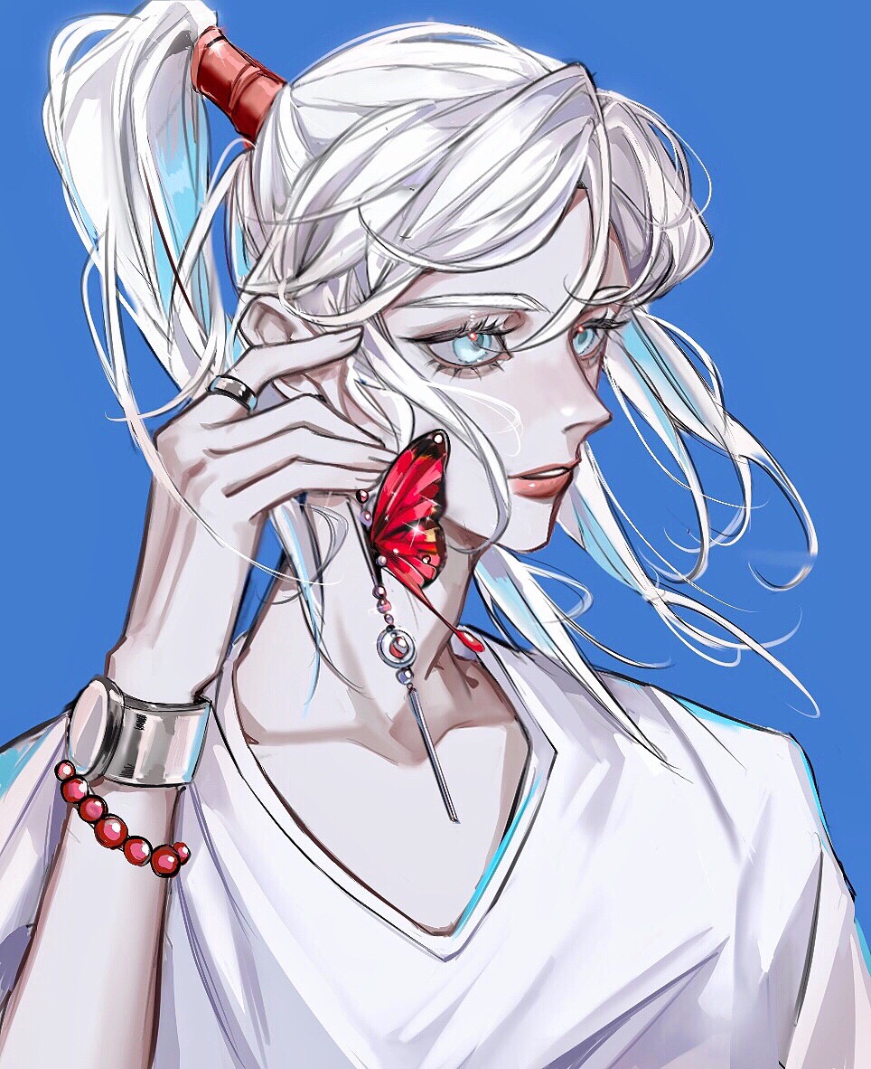 1girl, aqua_eyes, blue_background, bracelet, bug, butterfly, butterfly_earrings, clock, collarbone, earrings, from_side, high_ponytail, insect, jewelry, long_hair, ponytail, prophet_of_water, red_butterfly, ring, shirt, sky:_children_of_the_light, solo, white_shirt, xiaoniaodenanpiao