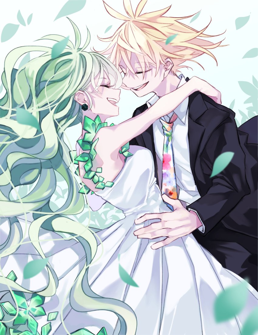 1boy, 1girl, absurdres, blonde_hair, brother_and_sister, closed_eyes, collared_shirt, dancing, dress, formal_clothes, green_hair, highres, hug, long_hair, mii_(m_730424), multicolored_necktie, necktie, open_mouth, otogami_mimin, pppppp, shirt, siblings, simple_background, smile, sonoda_lucky, suit, very_long_hair, waist_hug
