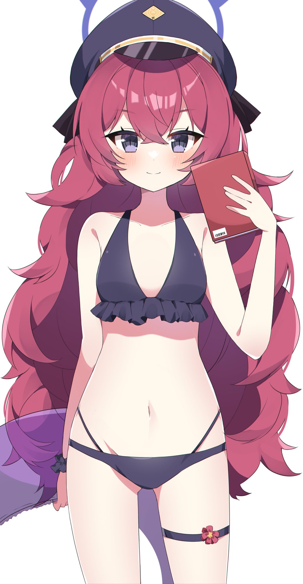 1girl, bikini, black_bikini, black_ribbon, blue_archive, blush, book, halo